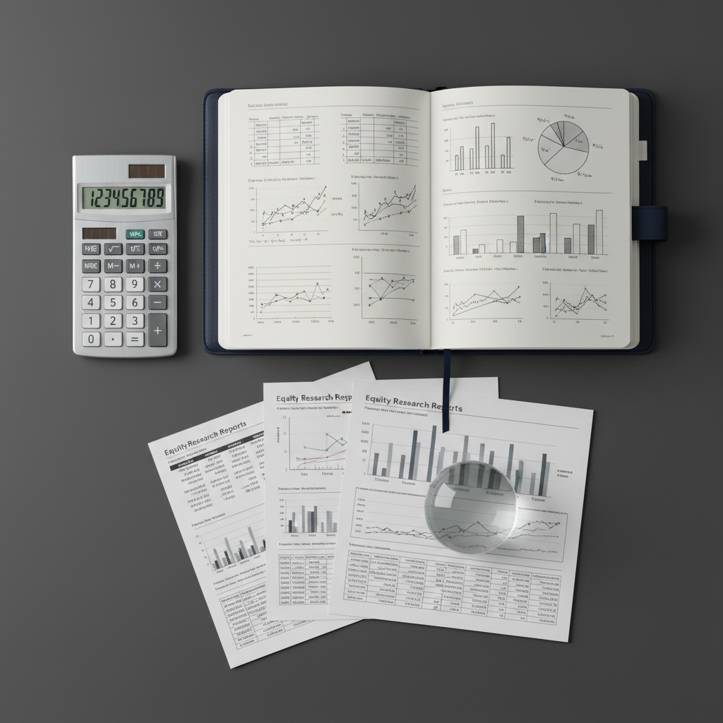 A meticulously arranged flat lay of financial analysis tools on a matte charcoal surface: a slim silver calculator with crisp digital numbers, a navy leather-bound notebook opened to neat, handwritten charts, and printed equity research reports with clearly visible but unreadable graphs and tables. A glass paperweight with a subtle prism effect rests on one corner of the top report. Overhead, soft studio lighting creates even illumination with gentle, directional shadows that emphasize texture and depth. Photographic realism with a top-down, bird’s-eye composition, balanced by the rule of thirds. The atmosphere is organized, methodical, and professional, ideal for illustrating structured finance projects and research-driven work.