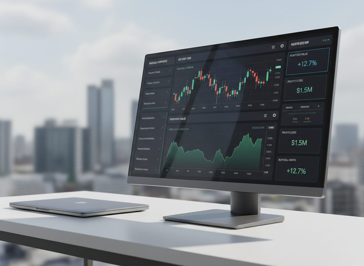 A sleek, graphite-gray financial dashboard displayed on an ultra-thin, frameless monitor with a subtle metallic sheen, positioned on a clean white desk with a brushed aluminum laptop closed beside it. Candlestick charts, performance graphs, and key ratios glow in refined blues and emerald greens against a dark interface. Soft, diffused daylight enters from an unseen window, creating gentle reflections on the screen and a faint shadow line along the desk edge. Photographic realism, captured at eye level with a slight three-quarter angle, shallow depth of field blurring a minimalist office skyline in the background. The mood is professional, focused, and analytical, conveying precision and clarity suitable for a high-end finance portfolio homepage.